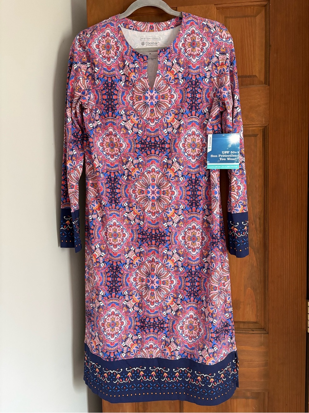 NEW Coolibar Medium Women’s Oceanside Tunic Dress Pink Red Midi Boho UPF 50 B2